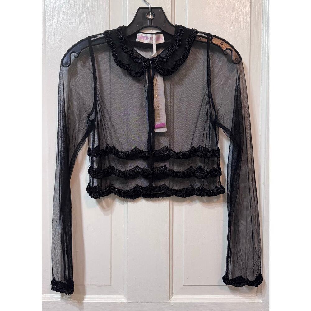 NWT Monique Leshman Black Sheer Scallop Beaded Crop Blouse Top Size S